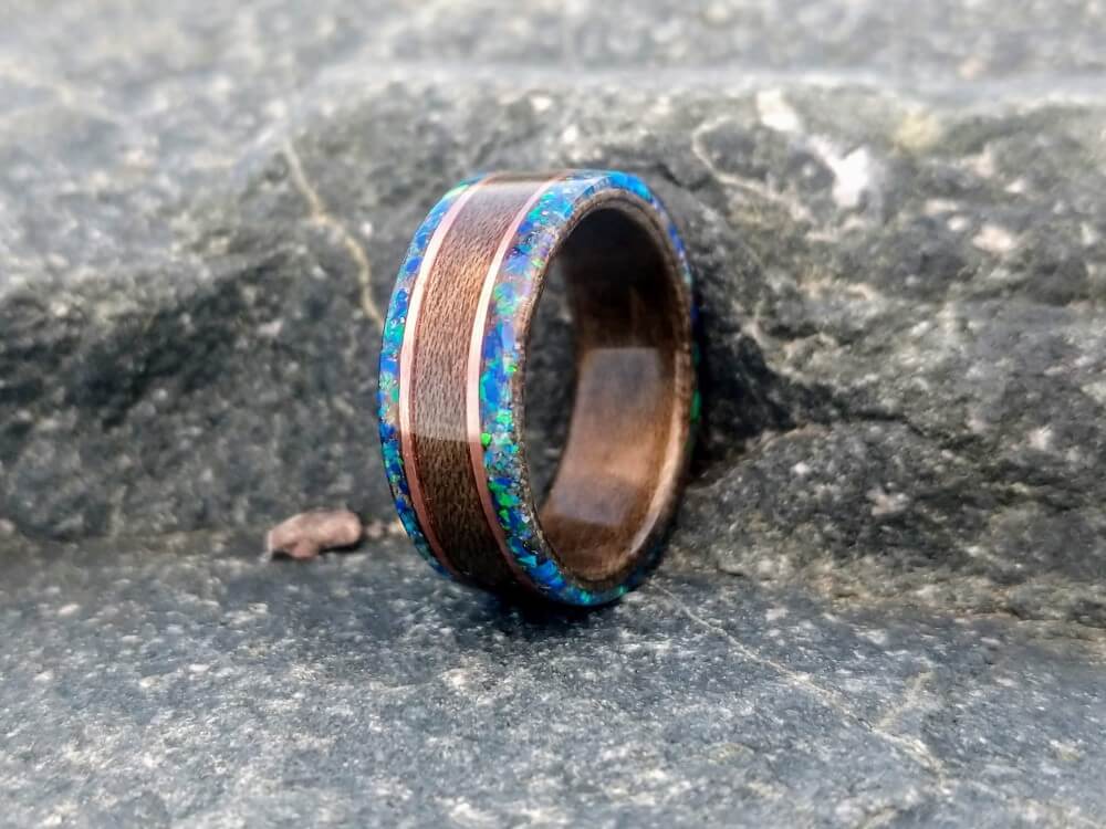 Weathered Maple wood ring, Copper Pinstripes and double Blue Opal edge inlays